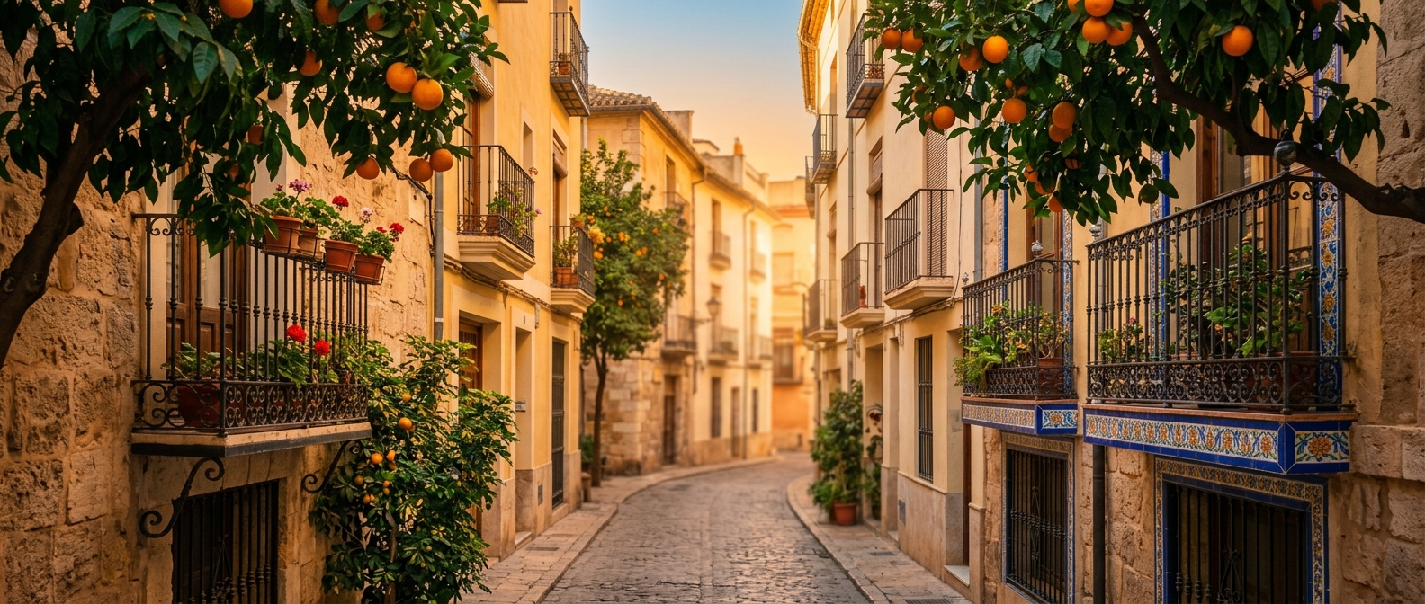 Sunlit street in Valencia's old town with orange trees